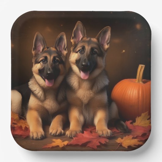 Duitse Herder Puppy Herfst Delight Pompoen Papieren Bordje (Voorkant)