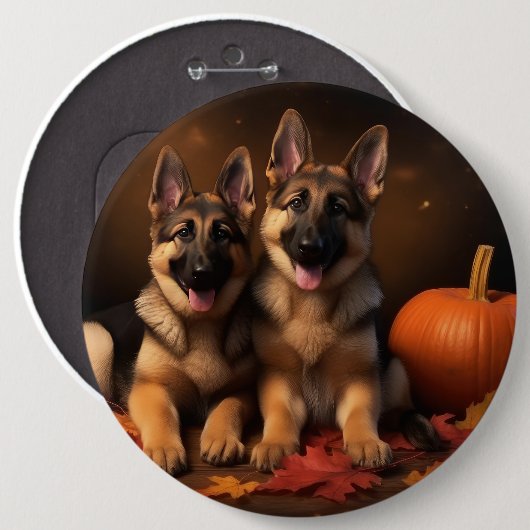 Duitse Herder Puppy Herfst Delight Pompoen Ronde Button 6,0 Cm (Voorkant /achterkant)