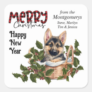Duitse Herder Puppy Holly Basket Kerstmis Vierkante Sticker