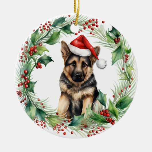 Duitse Herder Puppy Holly Krans Kerstmis Keramisch Ornament (Voorkant)