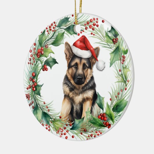 Duitse Herder Puppy Holly Krans Kerstmis Keramisch Ornament (Links)