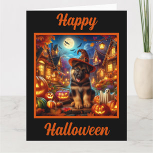 Duitse Herder Puppy in een Halloween Village Kaart