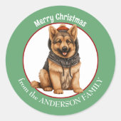 Duitse herder puppy in leren jas kerst ronde sticker (Voorkant)