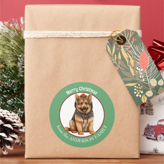 Duitse herder puppy in leren jas kerst ronde sticker (Feestdagen)