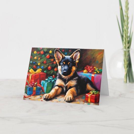 Duitse Herder Puppy, Kerstboom, Cadeaus Feestdagen Kaart (Voorkant)