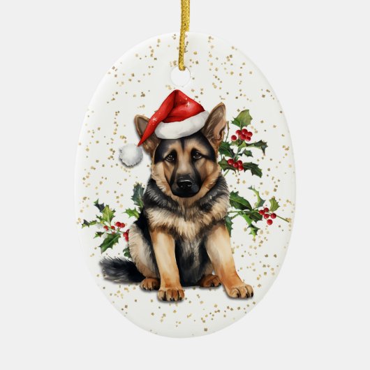 Duitse Herder Puppy Kerstmis Holly Keramisch Ornament (Voorkant)