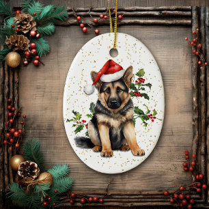 Duitse Herder Puppy Kerstmis Holly Keramisch Ornament