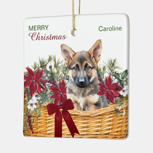 Duitse Herder Puppy Poinsettia Kerstmand Keramisch Ornament (Links)