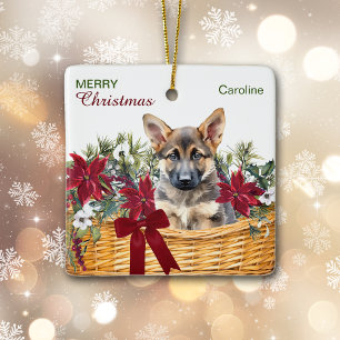 Duitse Herder Puppy Poinsettia Kerstmand Keramisch Ornament