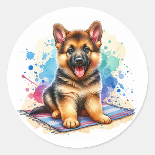 Duitse Herder Puppy Waterverf Ai Art Ronde Sticker (Voorkant)
