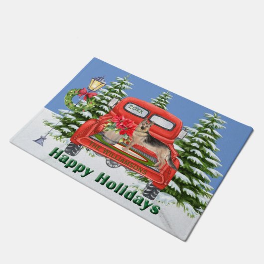 Duitse herder rode  vrachtwagen familienaam deurmat (Schuin)