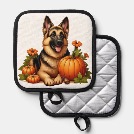 Duitse herder rust met pompoenen en bloemen pannenlap (Voorkant / Achterkant)