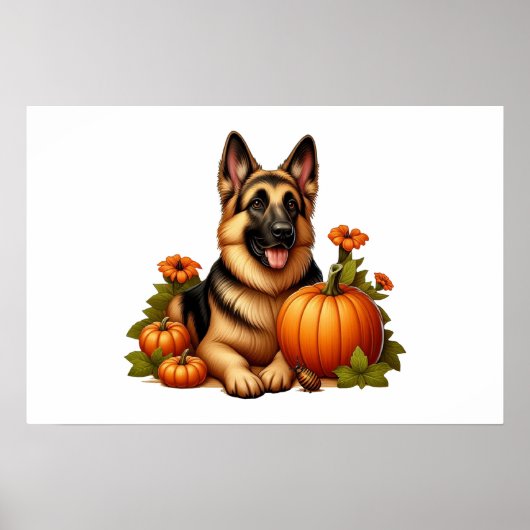 Duitse herder rust met pompoenen en bloemen poster (Voorkant)