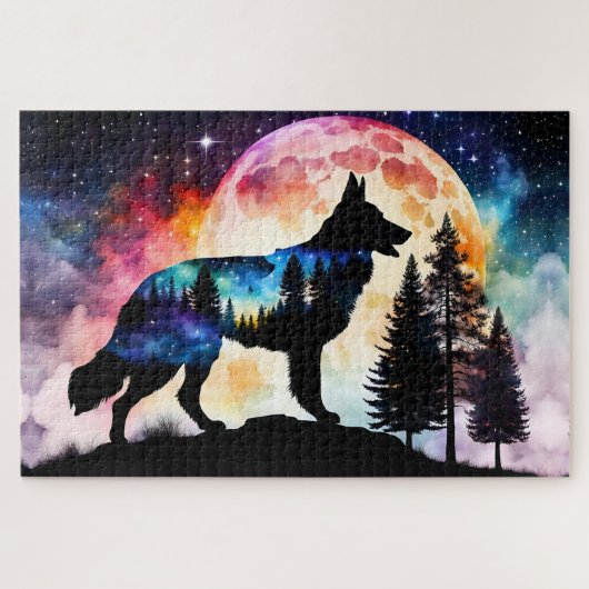 Duitse Herder Silhouet op de Bergmaan Legpuzzel (Horizontaal)