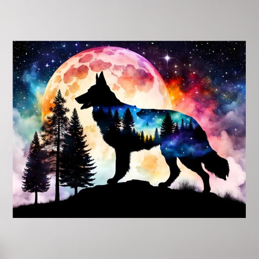 Duitse Herder Silhouet op de Bergmaan Poster (Voorkant)