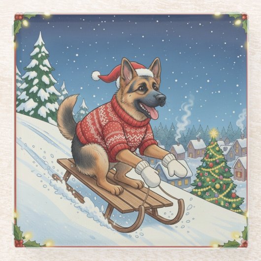 Duitse Herder sleeën, Kerst coaster Glazen Onderzetter (Voorkant)