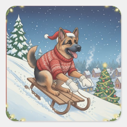 Duitse Herder sleeën, Kerststickers Vierkante Sticker (Voorkant)