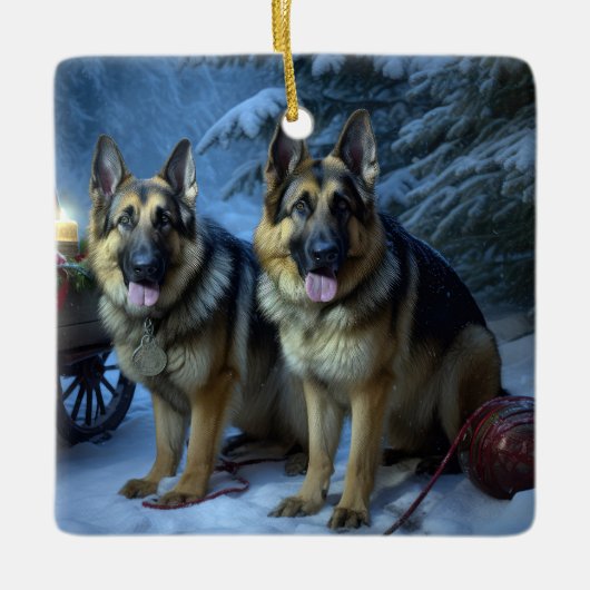 Duitse herder sneeuwslee kerstdecor keramisch ornament (Voorkant)