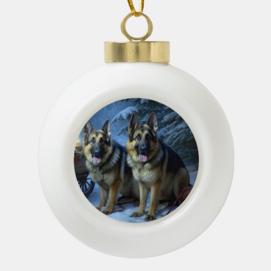 Duitse herder sneeuwslee kerstdecor keramische bal ornament (Voorkant)