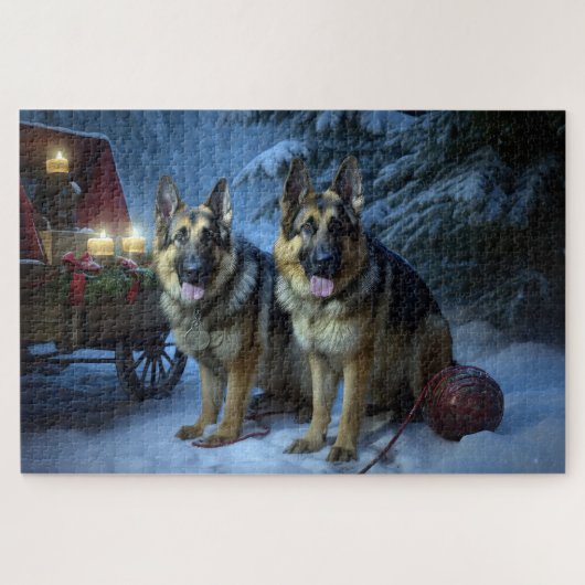 Duitse herder sneeuwslee kerstdecor legpuzzel (Horizontaal)