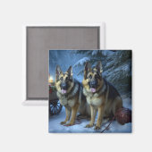 Duitse herder sneeuwslee kerstdecor magneet (Voorkant / Achterkant)