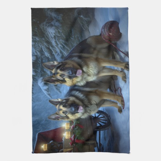 Duitse herder sneeuwslee kerstdecor theedoek (Verticaal)