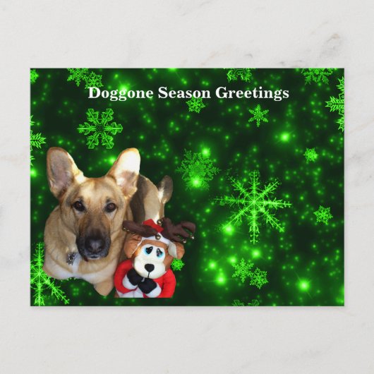 Duitse herder, Speelgoed rendier, groene sneeuwvlo Feestdagenkaart (Voorkant)