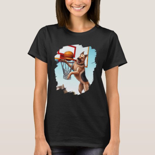 Duitse Herder Speelt Basketbal Grappige Hond Baske T-shirt (Voorkant)