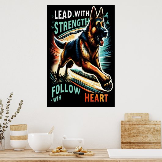 Duitse herder springen met kracht en hart poster (Keuken)