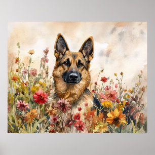 Duitse Herder Tussen Kleurrijke Wilde Bloemen Poster
