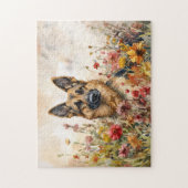 Duitse herder tussen levendige wilde bloemen legpuzzel (Verticaal)