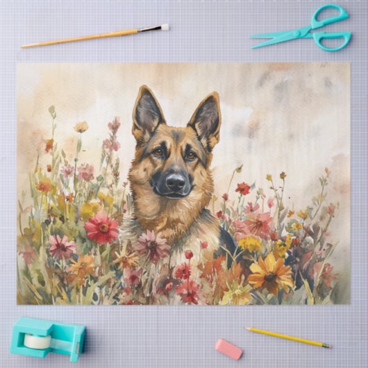 Duitse herder tussen wilde bloemen ontkoppeling tissuepapier (Craft)
