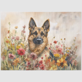 Duitse herder tussen wilde bloemen ontkoppeling tissuepapier