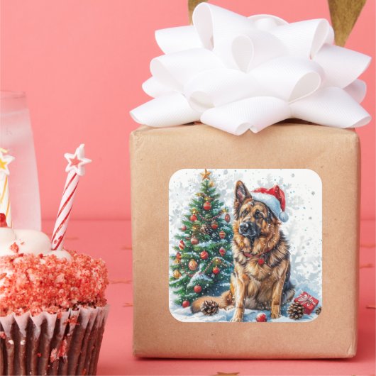 Duitse herder van Snowy Christmas Tree Vierkante Sticker (Feest)