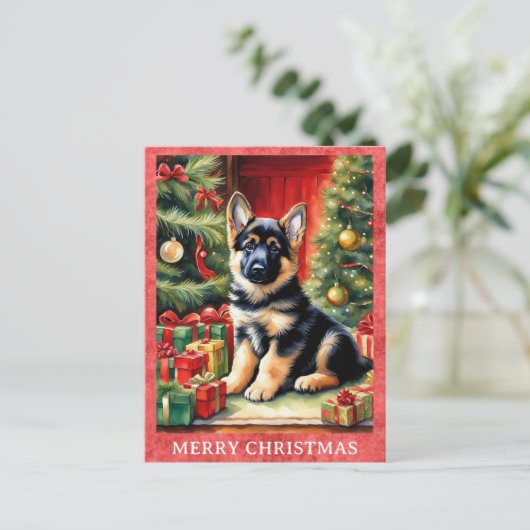 Duitse Herder Vrolijk Kerstfeest Schattigee Puppy Briefkaart (Staand voorkant)