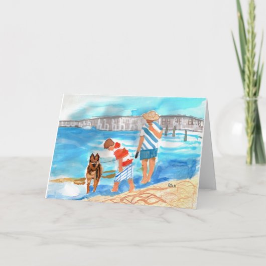 Duitse Herder w / Familie Waterverf op het strand Bedankkaart (Voorkant)