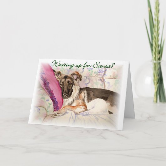 Duitse herder wacht op de kerstman feestdagen kaart (Voorkant)