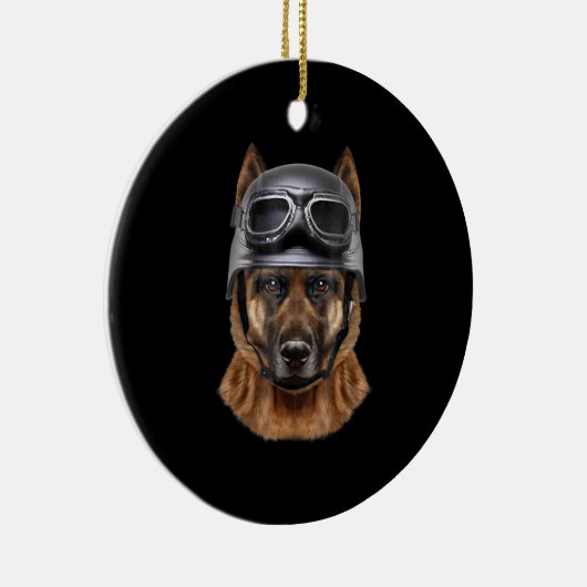 Duitse herderhond , fietser in motorrijwiel helmet keramisch ornament (Rechts)