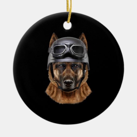 Duitse herderhond , fietser in motorrijwiel helmet keramisch ornament (Voorkant)