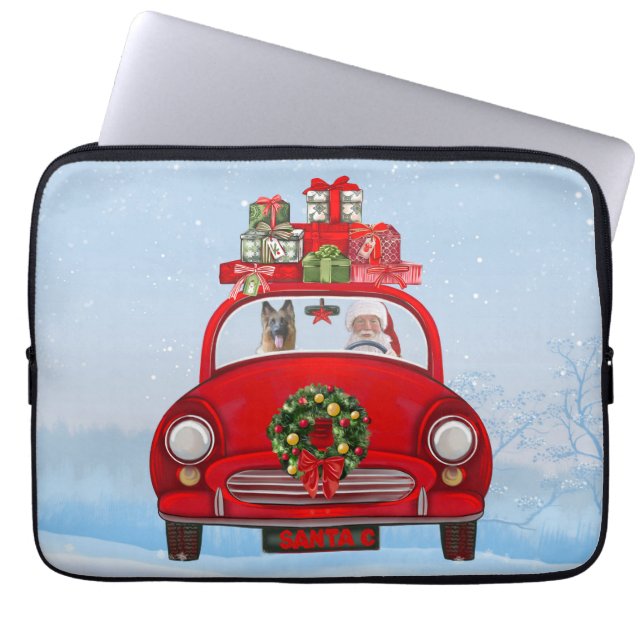 Duitse herderhond in auto met kerstman laptop sleeve (Voorkant)