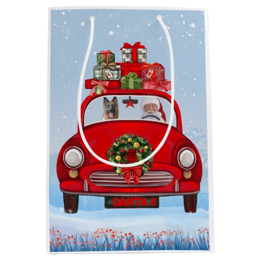 Duitse herderhond in auto met kerstman medium cadeauzakje (Voorkant)