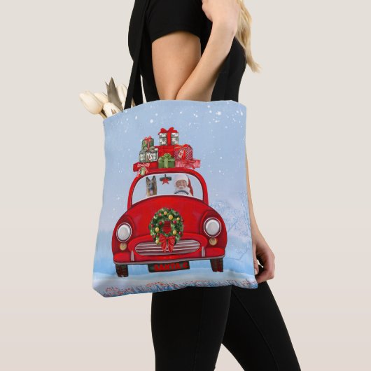 Duitse herderhond in auto met kerstman tote bag (Dichtbij)