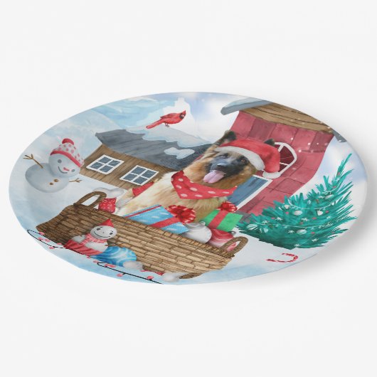 Duitse herderhond in het sneeuwkersthondenhuis papieren bordje (Gekanteld)