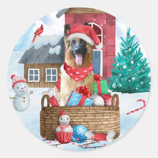 Duitse herderhond in het sneeuwkersthondenhuis ronde sticker (Voorkant)