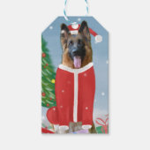 Duitse herderhond met kerstcadeaus in sneeuw cadeaulabel (Voorkant)
