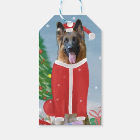 Duitse herderhond met kerstcadeaus in sneeuw cadeaulabel (Voorkant)
