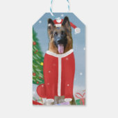 Duitse herderhond met kerstcadeaus in sneeuw cadeaulabel (Achterkant)