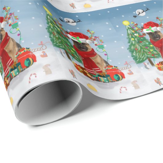 Duitse herderhond met kerstcadeaus in sneeuw cadeaupapier (Rol Hoek)