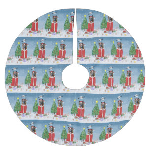 Duitse herderhond met kerstcadeaus in sneeuw kerstboom rok