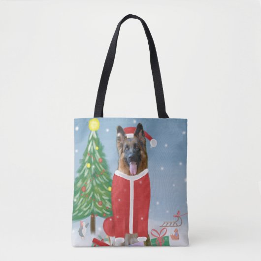 Duitse herderhond met kerstcadeaus in sneeuw tote bag (Voorkant)